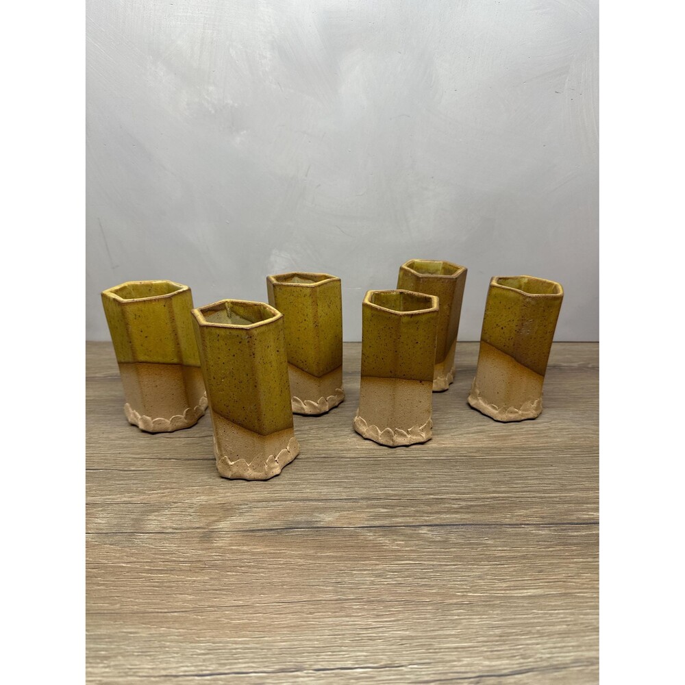 Vintage Studio Pottery Handmade Ceramic Cups, Mustard Yellow Hexagon, Set of 6